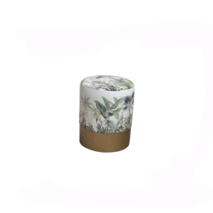 CYLINDRICAL VELVET POUF PALM LEAF WITH GOLDEN METAL EDGE