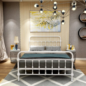 HOME FURNITURE METAL IRON BED WITH RAILINGS- WHITE 200*180*110 CM