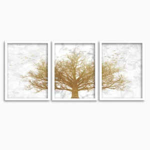 SET OF 3 GOLDEN TREE THEME FRAMED POSTER WHITE FRAME ART PRINTS SIZE; -A3