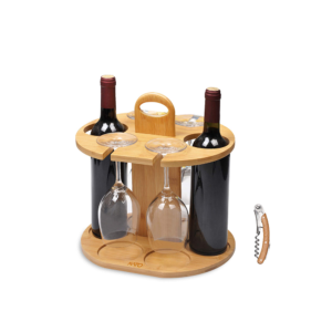 WINE BOTTLE HOLDER GLASS CUP RACK W/HANDLE FREE WOOD HANDLE CORKSREW