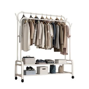 MOBILE CLOTHES RACK WITH WHEELS, METAL CLOTHES WITH SHELVES- WHITE