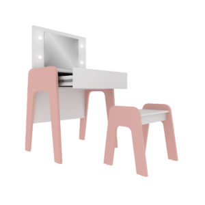 DESK WITH BENCH/ MIRROR, PINK AND WHITE WOOD